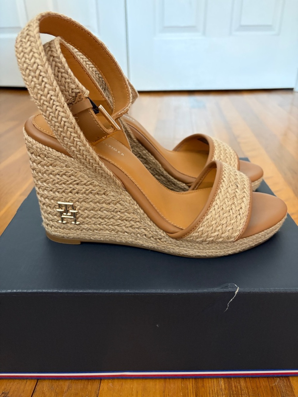 Tommy Hilfiger Tan Braided Espadrille Wedge Sandals with Ankle Strap